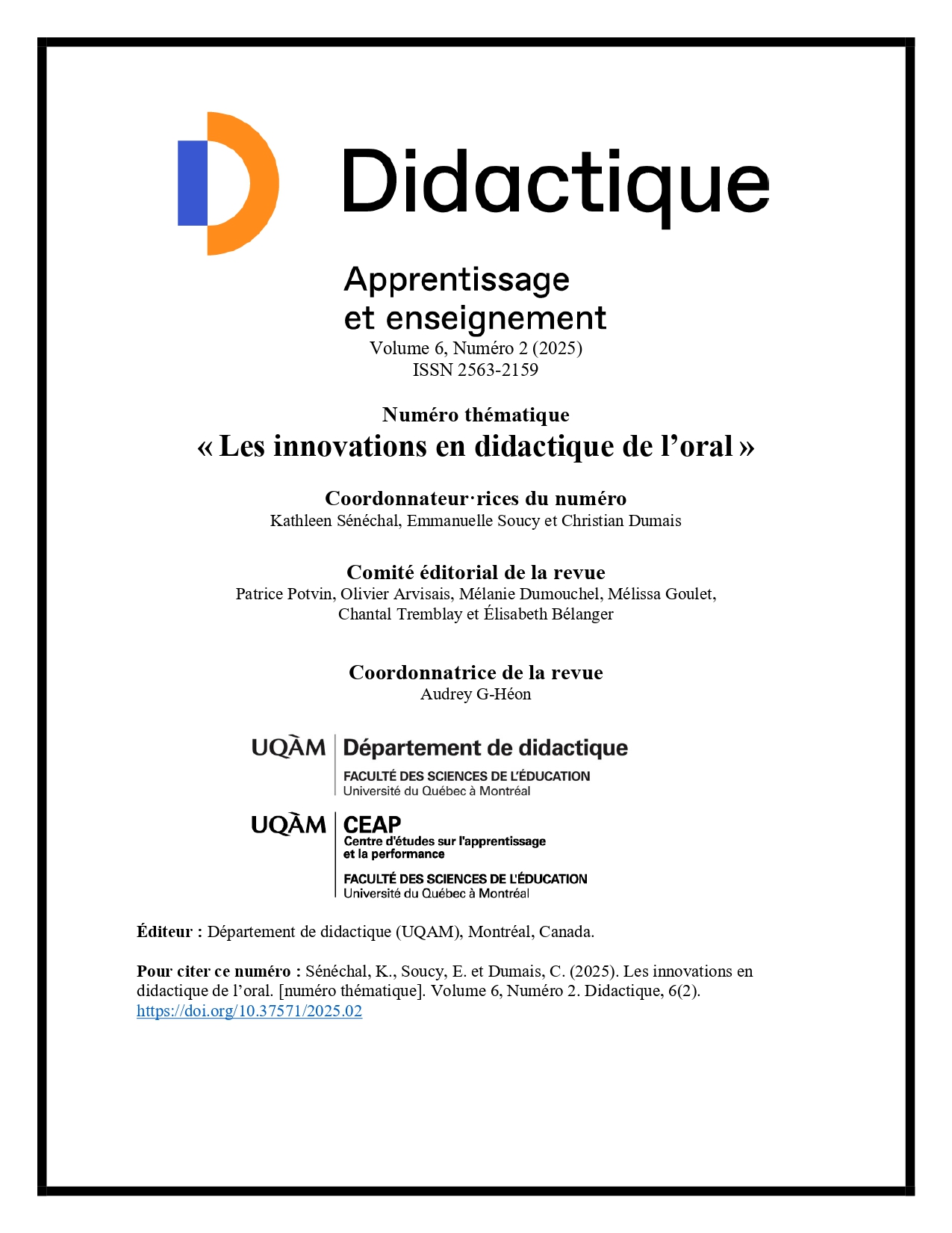 Afficher Vol. 6 No. 2 (2025): Les innovations en didactique de l’oral